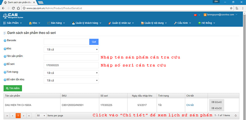 Danh sách sản phẩm theo số seri